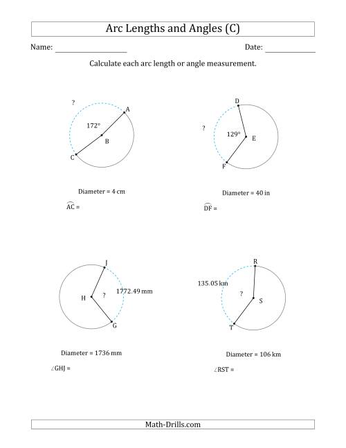 The Calculating Arc Length or Angle from Diameter (C) Math Worksheet