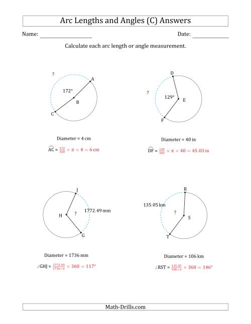 The Calculating Arc Length or Angle from Diameter (C) Math Worksheet Page 2