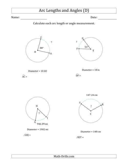 The Calculating Arc Length or Angle from Diameter (D) Math Worksheet