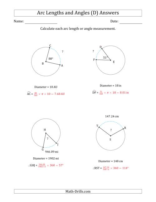 The Calculating Arc Length or Angle from Diameter (D) Math Worksheet Page 2