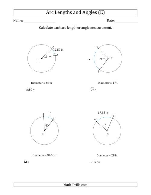The Calculating Arc Length or Angle from Diameter (E) Math Worksheet