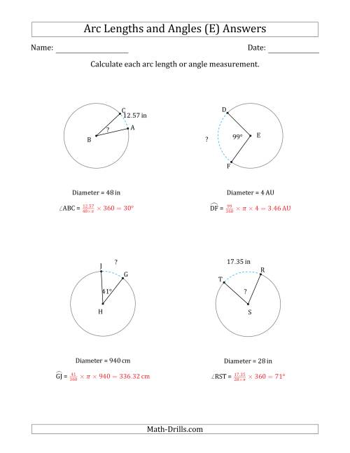 The Calculating Arc Length or Angle from Diameter (E) Math Worksheet Page 2