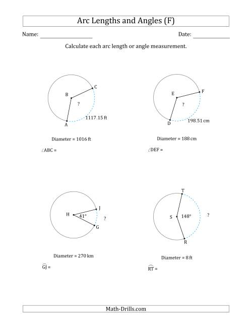 The Calculating Arc Length or Angle from Diameter (F) Math Worksheet