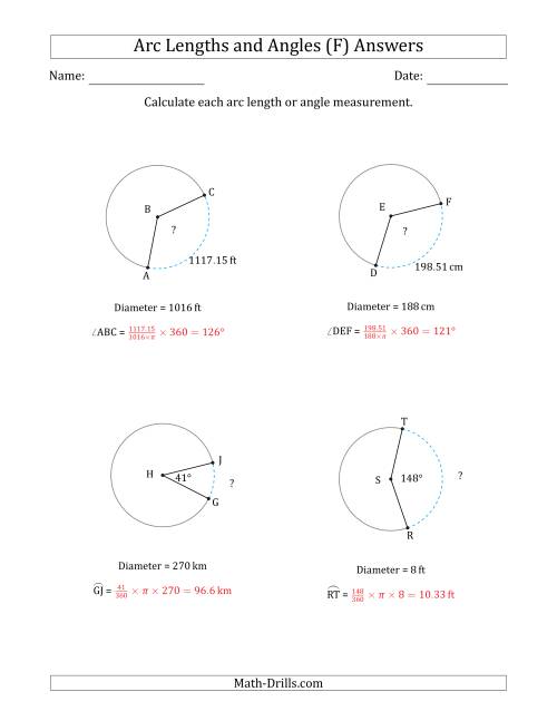 The Calculating Arc Length or Angle from Diameter (F) Math Worksheet Page 2