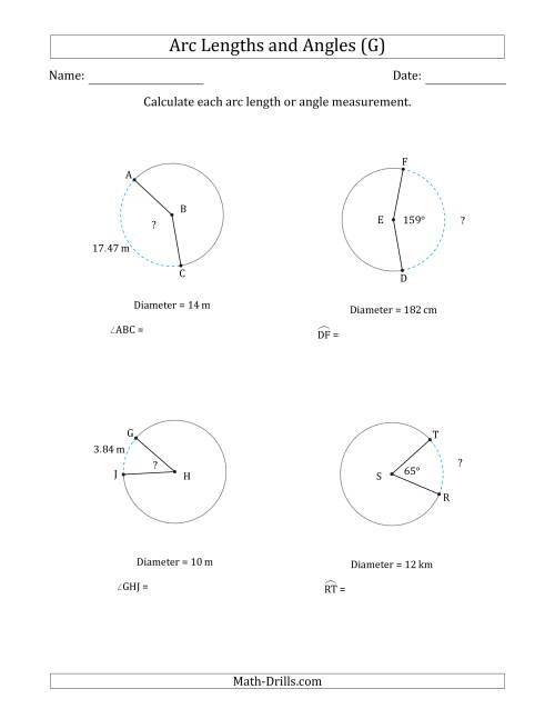 The Calculating Arc Length or Angle from Diameter (G) Math Worksheet