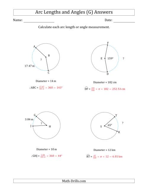 The Calculating Arc Length or Angle from Diameter (G) Math Worksheet Page 2