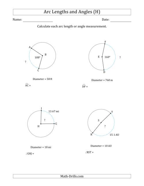 The Calculating Arc Length or Angle from Diameter (H) Math Worksheet