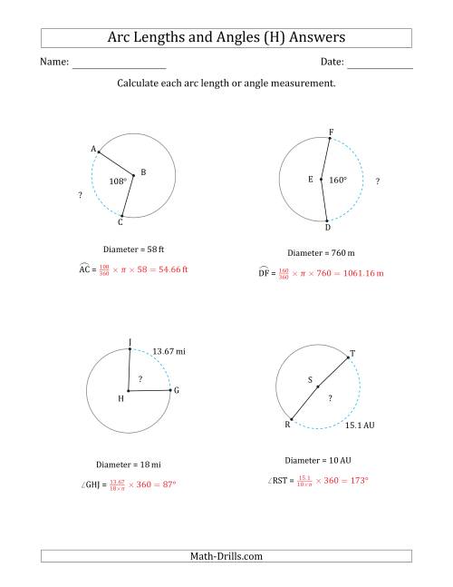 The Calculating Arc Length or Angle from Diameter (H) Math Worksheet Page 2