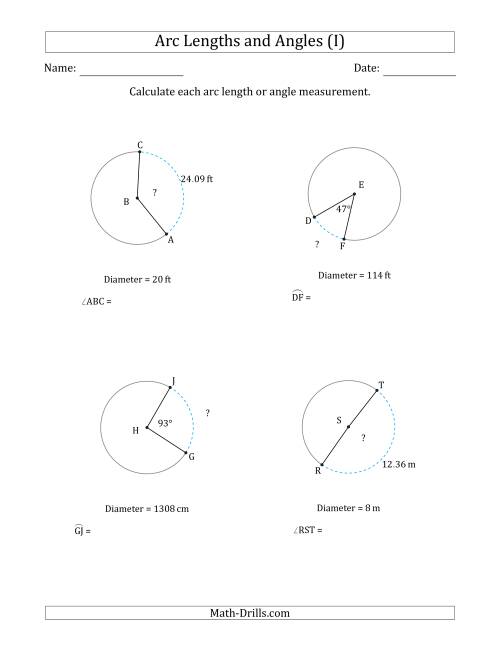 The Calculating Arc Length or Angle from Diameter (I) Math Worksheet