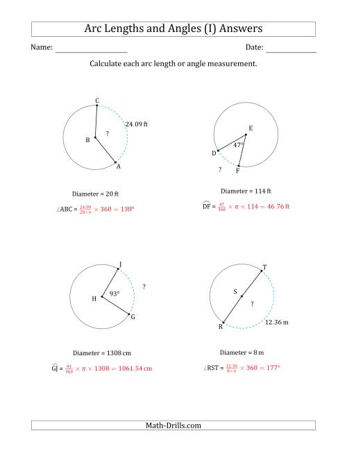 The Calculating Arc Length or Angle from Diameter (I) Math Worksheet Page 2