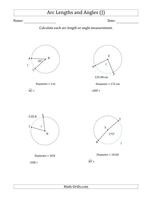 The Calculating Arc Length or Angle from Diameter (J) Math Worksheet