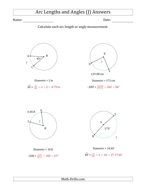 The Calculating Arc Length or Angle from Diameter (J) Math Worksheet Page 2