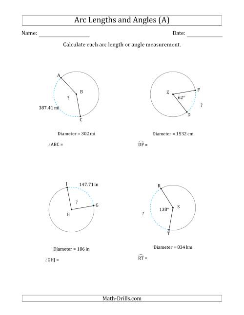 The Calculating Arc Length or Angle from Diameter (All) Math Worksheet