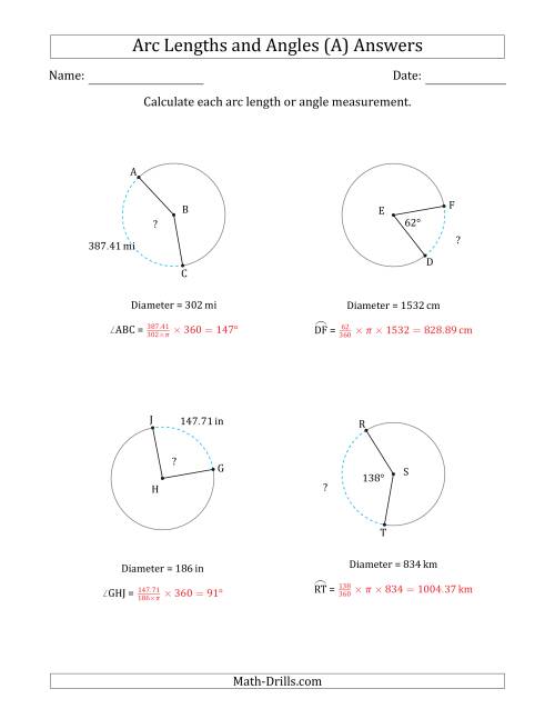 The Calculating Arc Length or Angle from Diameter (All) Math Worksheet Page 2