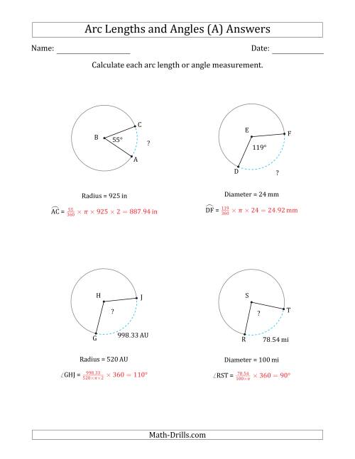 The Calculating Arc Length or Angle from Radius or Diameter (A) Math Worksheet Page 2