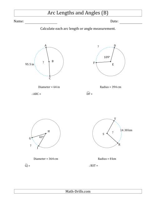 The Calculating Arc Length or Angle from Radius or Diameter (B) Math Worksheet