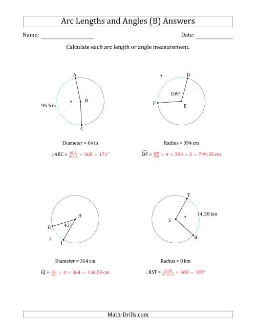 The Calculating Arc Length or Angle from Radius or Diameter (B) Math Worksheet Page 2