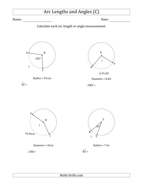 The Calculating Arc Length or Angle from Radius or Diameter (C) Math Worksheet