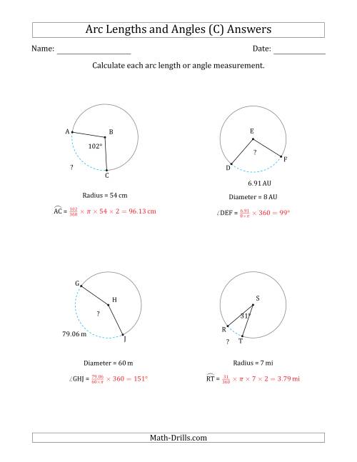 The Calculating Arc Length or Angle from Radius or Diameter (C) Math Worksheet Page 2