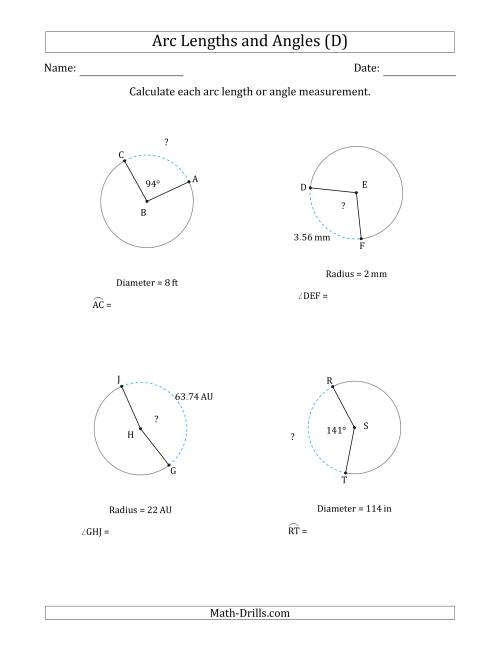 The Calculating Arc Length or Angle from Radius or Diameter (D) Math Worksheet