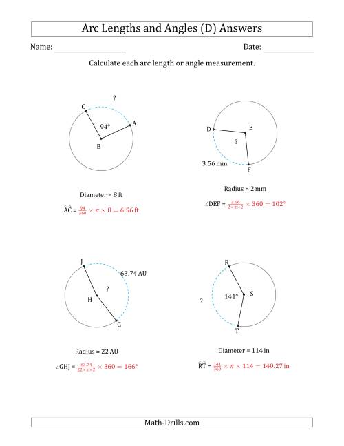 The Calculating Arc Length or Angle from Radius or Diameter (D) Math Worksheet Page 2