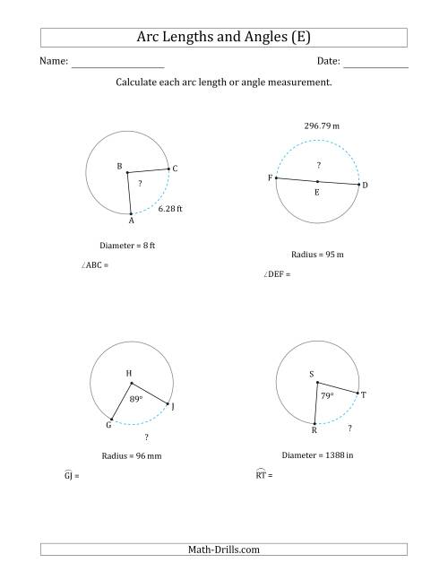 The Calculating Arc Length or Angle from Radius or Diameter (E) Math Worksheet