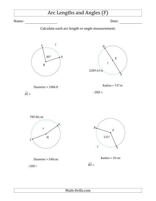 The Calculating Arc Length or Angle from Radius or Diameter (F) Math Worksheet