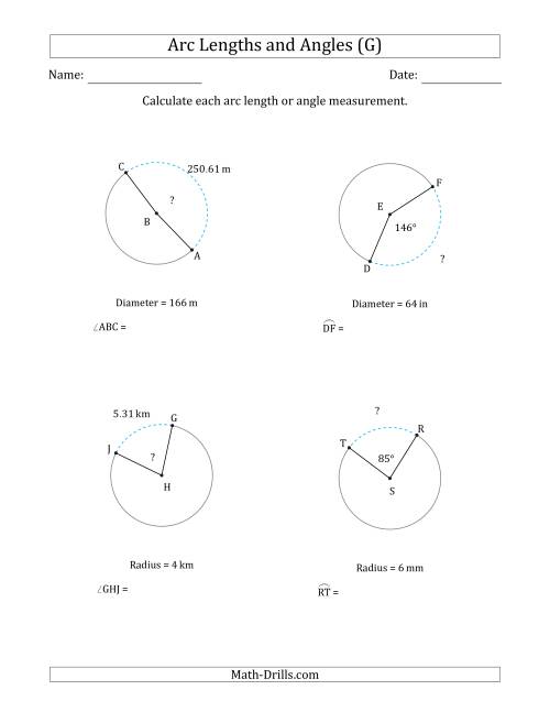 The Calculating Arc Length or Angle from Radius or Diameter (G) Math Worksheet