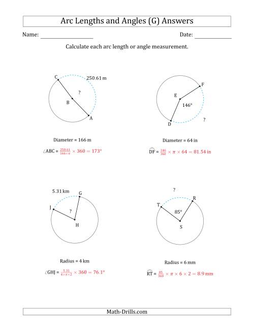 The Calculating Arc Length or Angle from Radius or Diameter (G) Math Worksheet Page 2