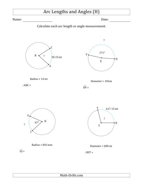 The Calculating Arc Length or Angle from Radius or Diameter (H) Math Worksheet