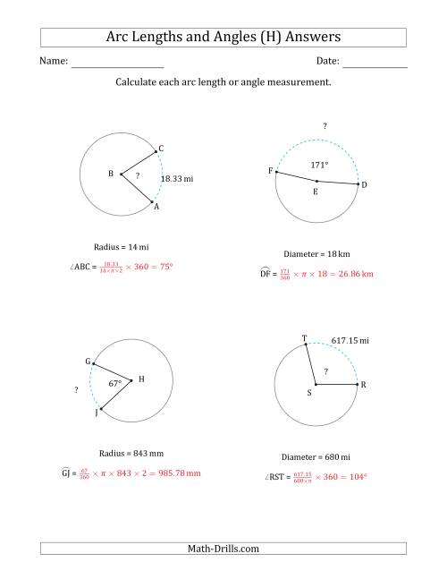The Calculating Arc Length or Angle from Radius or Diameter (H) Math Worksheet Page 2