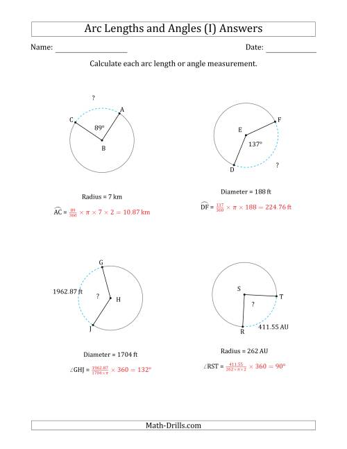 The Calculating Arc Length or Angle from Radius or Diameter (I) Math Worksheet Page 2