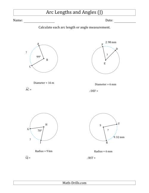 The Calculating Arc Length or Angle from Radius or Diameter (J) Math Worksheet
