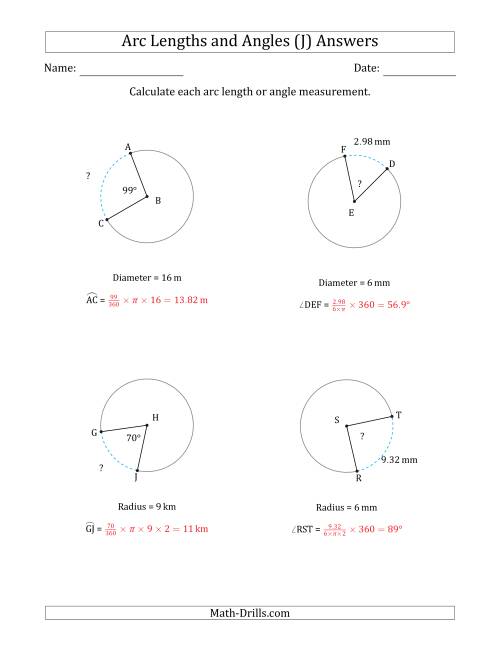 The Calculating Arc Length or Angle from Radius or Diameter (J) Math Worksheet Page 2