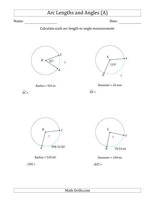 The Calculating Arc Length or Angle from Radius or Diameter (All) Math Worksheet