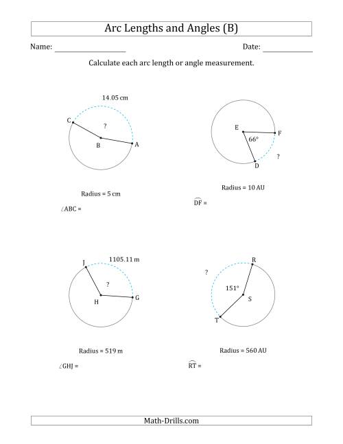 The Calculating Arc Length or Angle from Radius (B) Math Worksheet