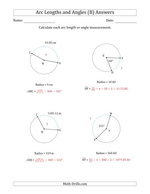 The Calculating Arc Length or Angle from Radius (B) Math Worksheet Page 2