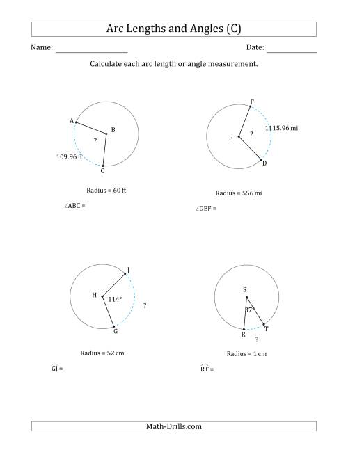 The Calculating Arc Length or Angle from Radius (C) Math Worksheet