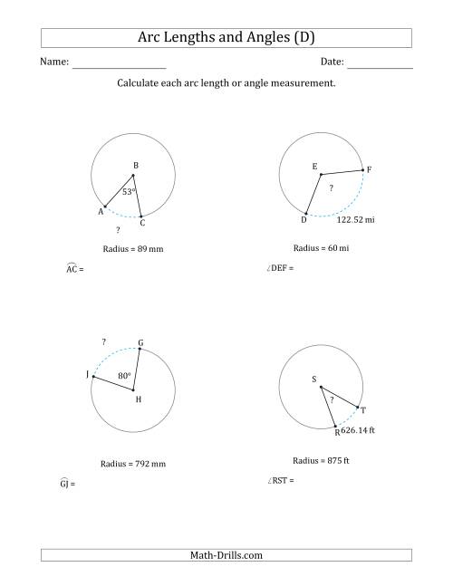 The Calculating Arc Length or Angle from Radius (D) Math Worksheet