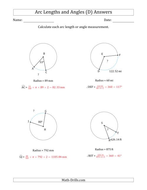 The Calculating Arc Length or Angle from Radius (D) Math Worksheet Page 2