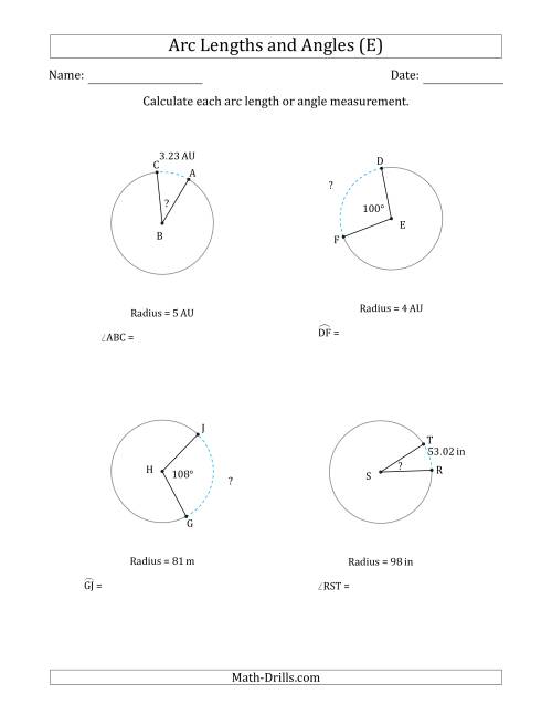 The Calculating Arc Length or Angle from Radius (E) Math Worksheet