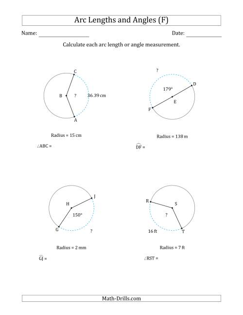 The Calculating Arc Length or Angle from Radius (F) Math Worksheet