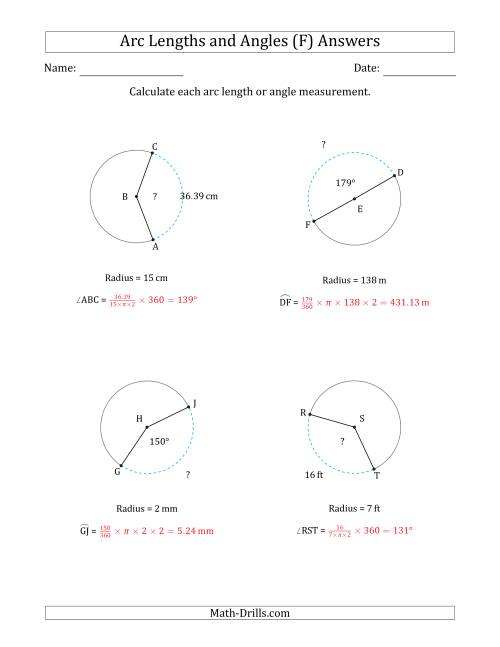 The Calculating Arc Length or Angle from Radius (F) Math Worksheet Page 2