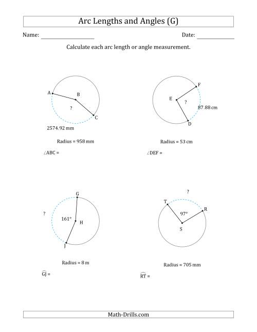 The Calculating Arc Length or Angle from Radius (G) Math Worksheet