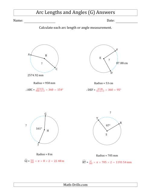 The Calculating Arc Length or Angle from Radius (G) Math Worksheet Page 2