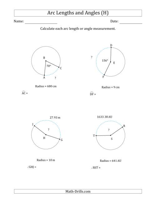 The Calculating Arc Length or Angle from Radius (H) Math Worksheet