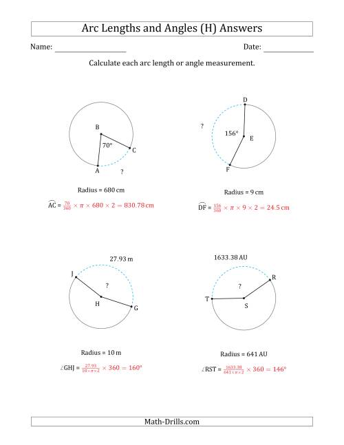 The Calculating Arc Length or Angle from Radius (H) Math Worksheet Page 2