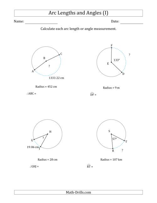 The Calculating Arc Length or Angle from Radius (I) Math Worksheet