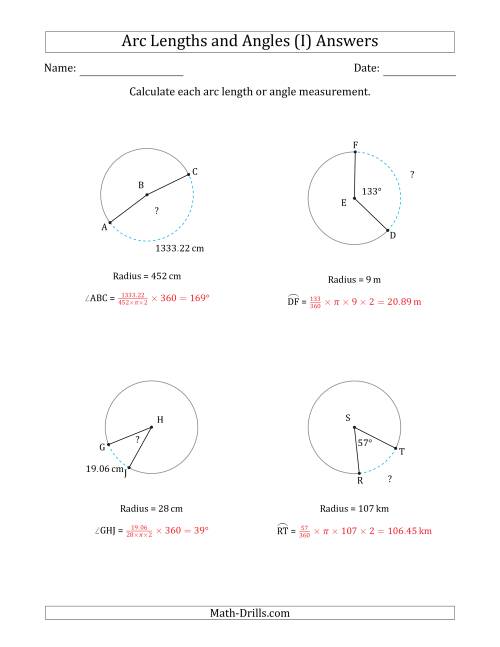 The Calculating Arc Length or Angle from Radius (I) Math Worksheet Page 2