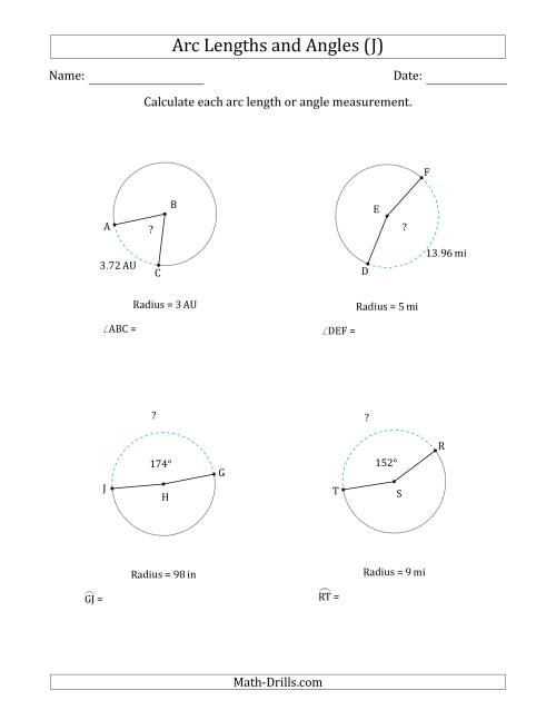 The Calculating Arc Length or Angle from Radius (J) Math Worksheet